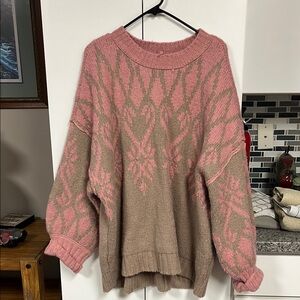 Free People Pink and Tan Crew Neck Sweater with Geometric Design